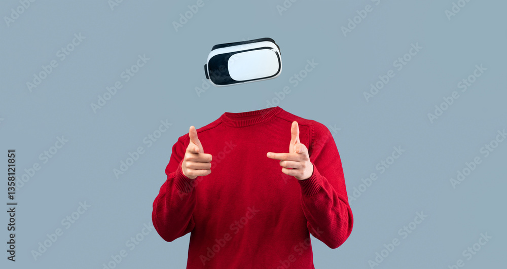 Poster A person uses a virtual reality headset, indicating interaction with a digital environment. The individual is isolated against a neutral background, emphasizing the advanced technology involved.