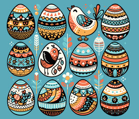 Whimsical Hand-Drawn Easter Eggs with Floral and Folk Patterns