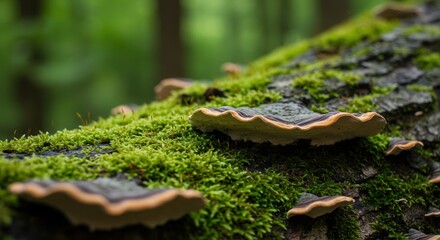Fototapeta premium Close-up of Shelf Mushrooms Growing on Moss-Covered Log in Forest