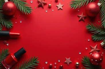 New Year's cosmetic composition with fir branches on a red background.