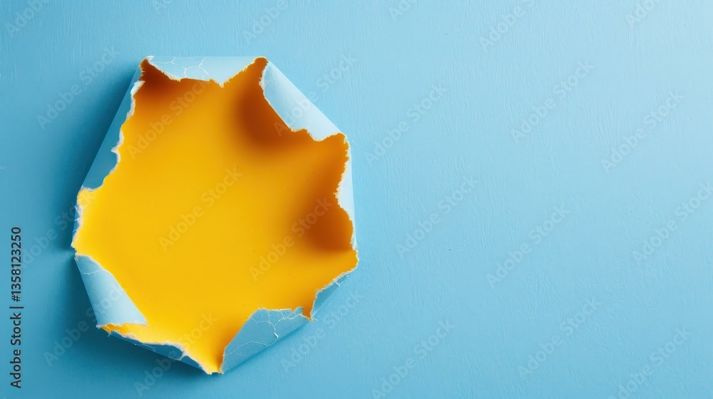 Poster torn yellow paper adds a unique touch to the soft blue backdrop, creating a striking visual contrast