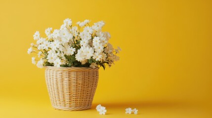 "3D Rendering of White Flowers in a Wooden Basket Against a Yellow Spring Backdrop"