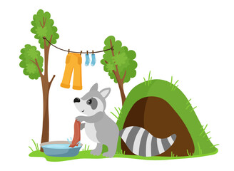 Vector illustration of a raccoon hanging clothes to dry near its den in a simple outdoor scene. The scene captures a cute animal in its temporary home.