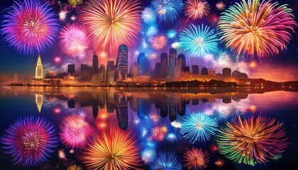 Obraz premium Bright Fireworks Illuminate the Night Sky Above a Vibrant City Skyline and Shimmering Water