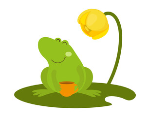 Vector illustration of a frog sitting on a lily pad with a yellow flower in a simple outdoor scene. The scene captures a cute animal in its natural habitat.