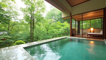 Private onsen with lush garden view.