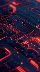 Obraz premium Close-up intricate circuit board with glowing red lines