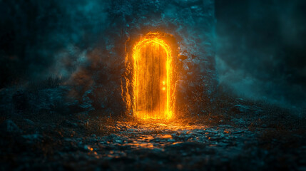 futuristic open door illuminated by vibrant neon gold, silver, and white lights symbolizes new opportunities and innovation. The digital technology backdrop represents the convergence of reality and i