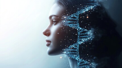 Obraz premium Woman Profile with DNA Strand Overlay