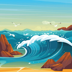 A vector illustration of big sea ocean water waves in summer.