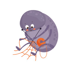 Vector illustration of a cute, round pill bug playing with orange threads.