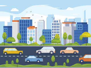 A vector illustration of cars and vehicles in city road traffic with a cityscape.