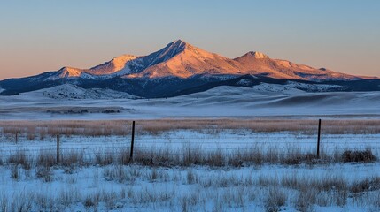 Sunrise illuminates snowcapped mountain range in winter landscape