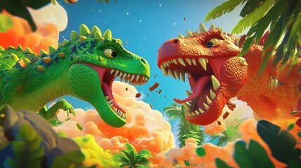 Fototapeta premium Clash of the Titans: Cartoon Dinosaurs Battle in Tropical Paradise