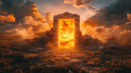 futuristic open door illuminated by vibrant neon gold, silver, and white lights symbolizes new opportunities and innovation. The digital technology backdrop represents the convergence of reality and i