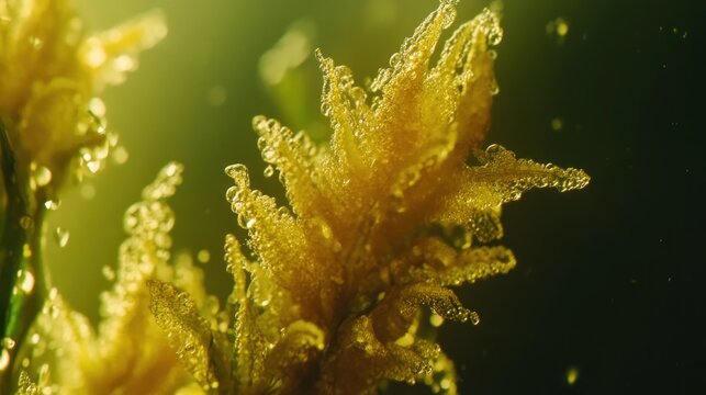 Golden plant trichomes under magnification revealing intricate detail