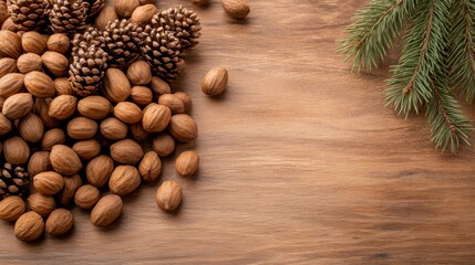 Natural Elements of Pinecones and Nuts on Wooden Table Surface for Organic Decor and Seasonal Inspiration