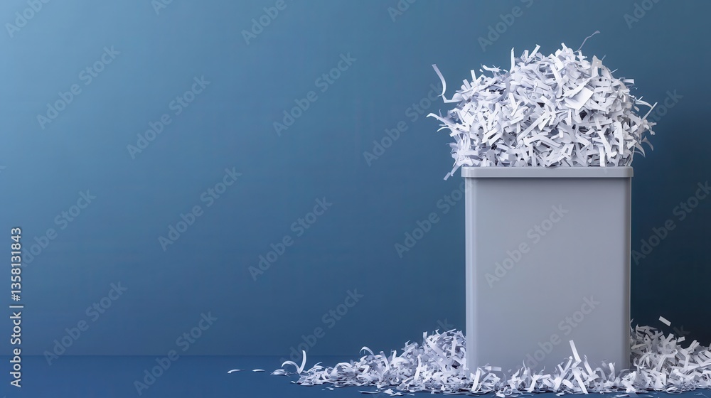 Poster shredded paper in trash bin with blue background for office waste management concepts and document d