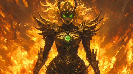 Fierce female demon with glowing green eyes in golden armor, standing in front of a fiery burning backdrop, embodying strength and wrath. Abyssal Spikes. Illustration
