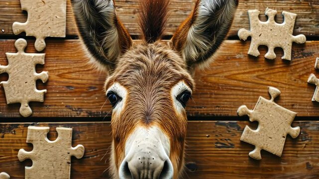 Cute donkey engrossed in a jigsaw puzzle, adding a whimsical touch, Ai Generated.