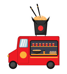 Vector illustration of a food truck selling noodles, featuring a red design with a noodle box and chopsticks. The scene captures an Asian food service vehicle.