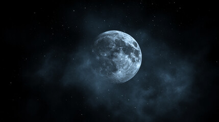 Fototapeta premium A serene galaxy background with a bright full moon glowing above thick clouds, casting a peaceful light over the landscape. The calm night sky evokes tranquility, mystery, and celestial wonder. 