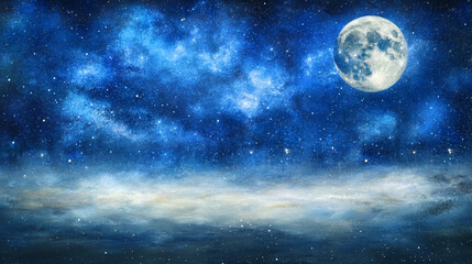 A serene galaxy background with a bright full moon glowing above thick clouds, casting a peaceful light over the landscape. The calm night sky evokes tranquility, mystery, and celestial wonder.
