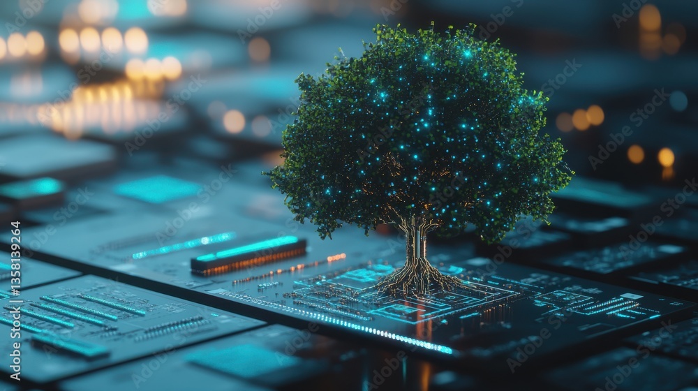 Poster futuristic tree growing on circuit board representing technology and nature harmony in digital world