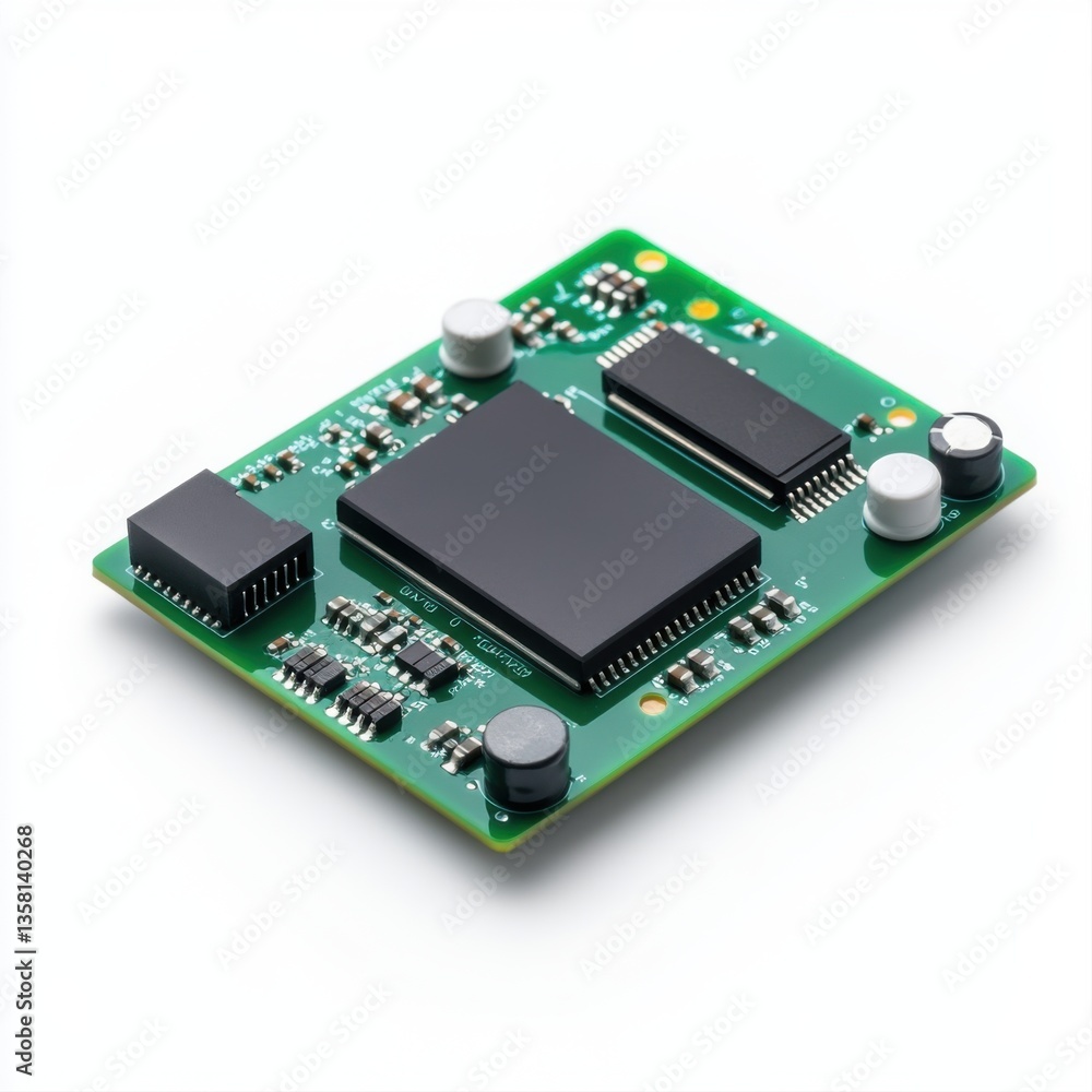 Poster high-quality electronic circuit board with integrated components and microchips for advanced technol