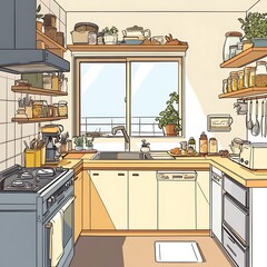 일러스트로 표현된 따뜻한 햇살의 현대 주방, AI 생성