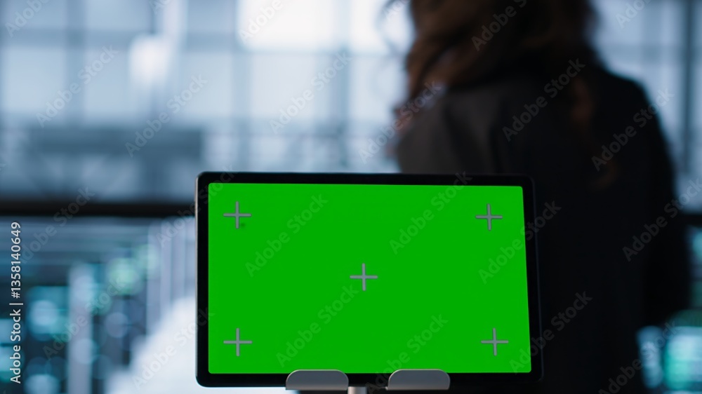 Poster close up of chroma key tablet and teamworking programmers in server room adjusting power management 