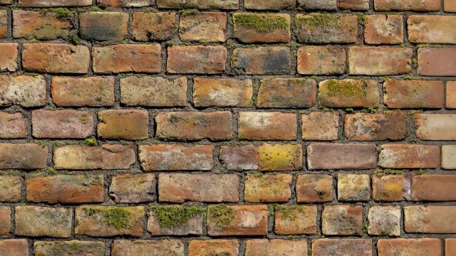 Weathered brick wall covered in moss and lichen showing texture and age in urban environment