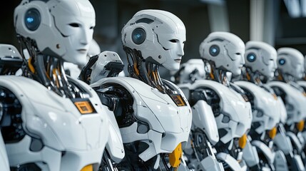 Fototapeta premium A Row Of Advanced Humanoid Robots Stands Ready