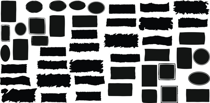 Black vector rough edge rectangles. Grunge square frames set.