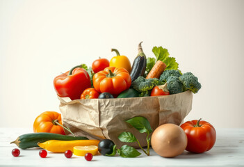 A variety of fresh vegetables and fruits arranged in a paper bag, showcasing healthy vegan and vegetarian options on a neutral backdrop.