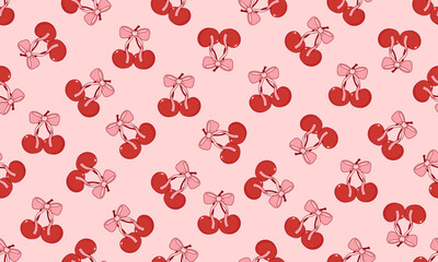Vintage hand-drawn coquette seamless pattern with cherries and bows. Designed for wrapping paper, packaging, fabric, and textiles. Vector illustration.