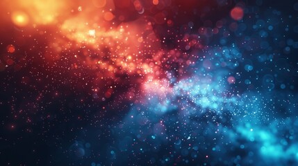 Abstract Galaxy Cosmic Background With Red And Blue Sparkles, Glitter, And Bokeh Lights, Festive Backdrop