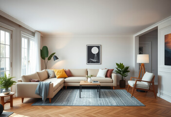 Fototapeta premium Bright living space features cozy seating, plants, and boho decor, creating a relaxed atmosphere perfect for gatherings and relaxation.