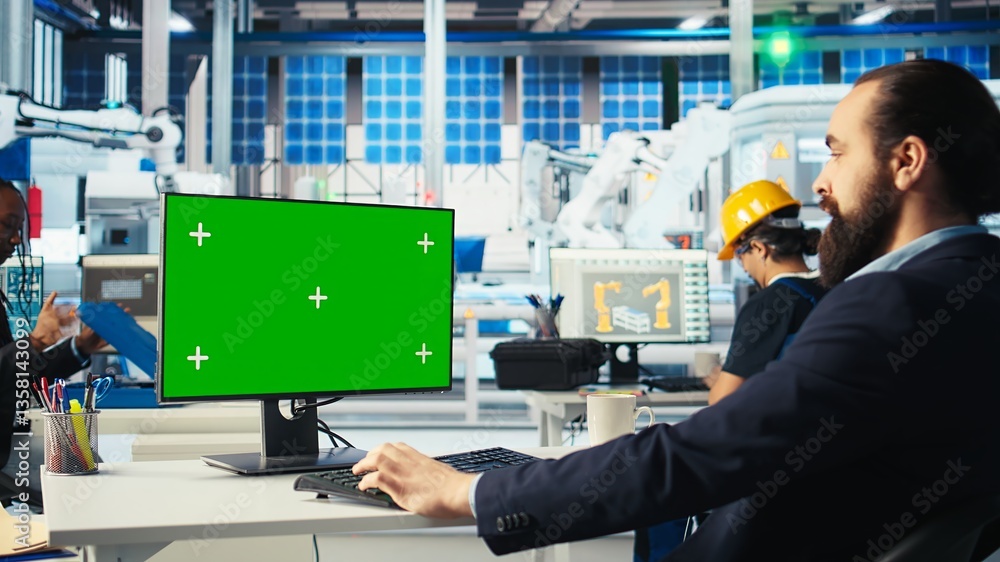Poster engineer in photovoltaics factory using chroma key computer to diagnose malfunctioning systems. sola