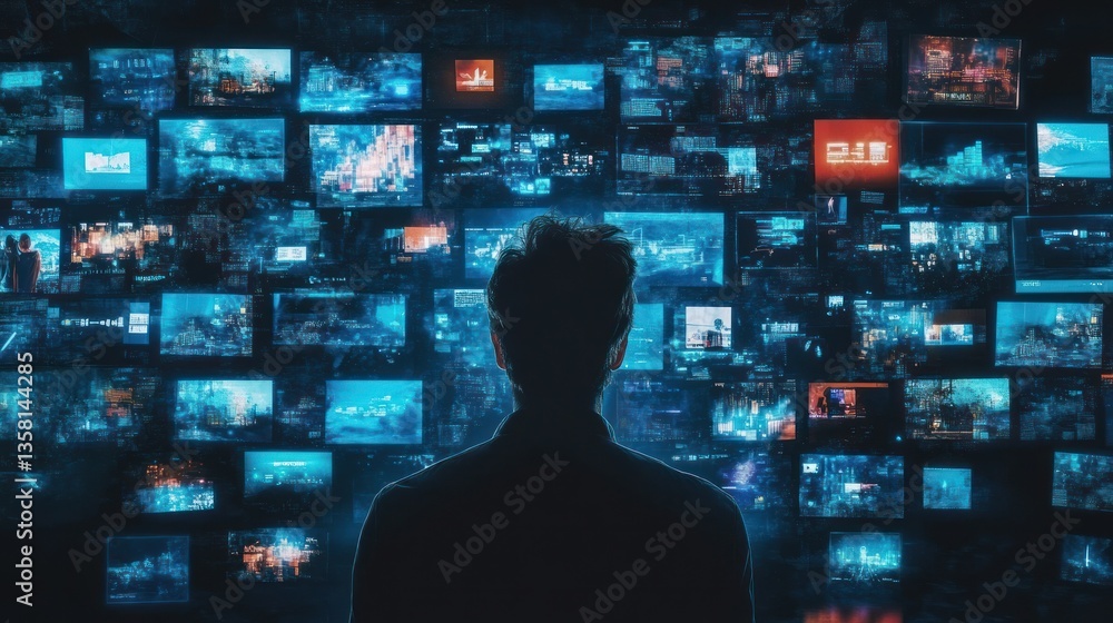 Poster overwhelmed by information: a silhouette of a person facing a wall of screens displaying a multitude