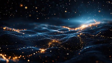 Obraz premium Abstract digital landscape with glowing lines and particles in dark, starry backdrop