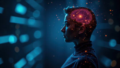 A person stands in profile against a dark, illuminated background showcasing a visual representation of a brain, symbolizing deep thought and innovation in a high-tech world.