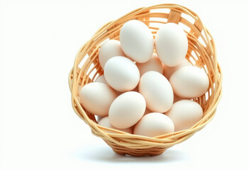 Stack of fresh chicken eggs in a wicker bamboo basket, highlighting their smooth texture and pale color against an isolated white background.