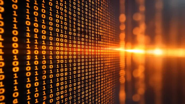 Abstract digital background of binary code with glowing lines representing data flow in technology