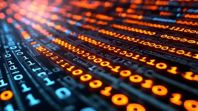 Abstract digital data stream with binary code illuminated in vibrant colors, representing technology