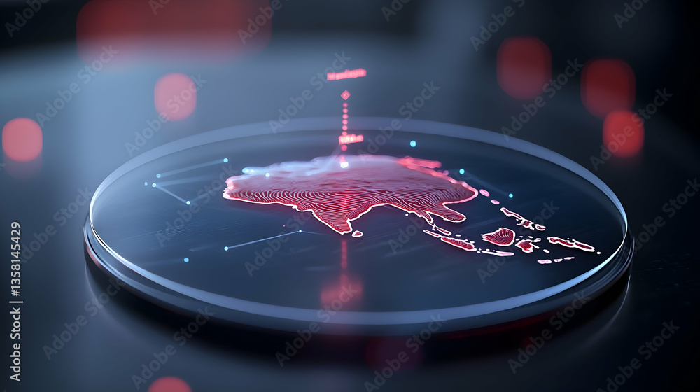 Poster digital map of a geographic region glowing red on dark background