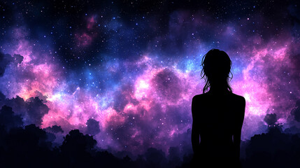 glowing silhouette of a woman in an open back dress stands in a radiant 3D space multiverse galaxy symbolizing a digital journey through realms of energy matter and endless possibilities