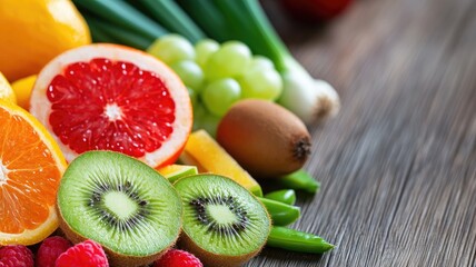 Assorted fresh fruits and vegetables on wooden surface