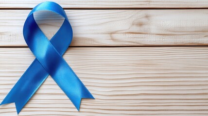 Blue ribbon on wooden background symbolizes cancer awareness and support