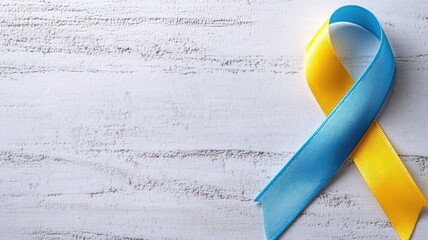 Blue and yellow awareness ribbon on white wood surface